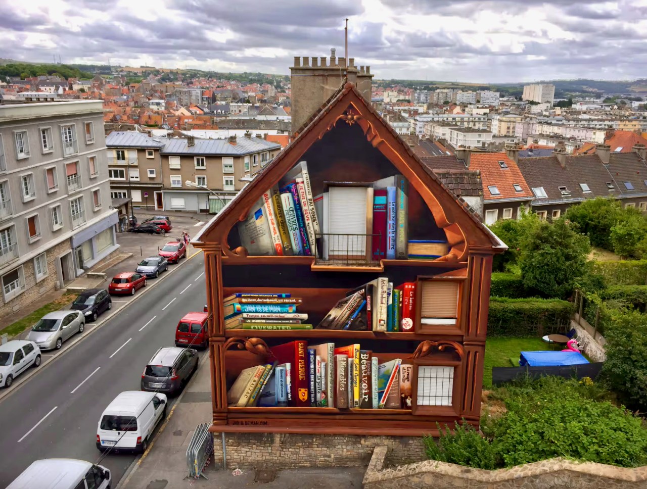 Remarkable street art turns homes into giant bookcases