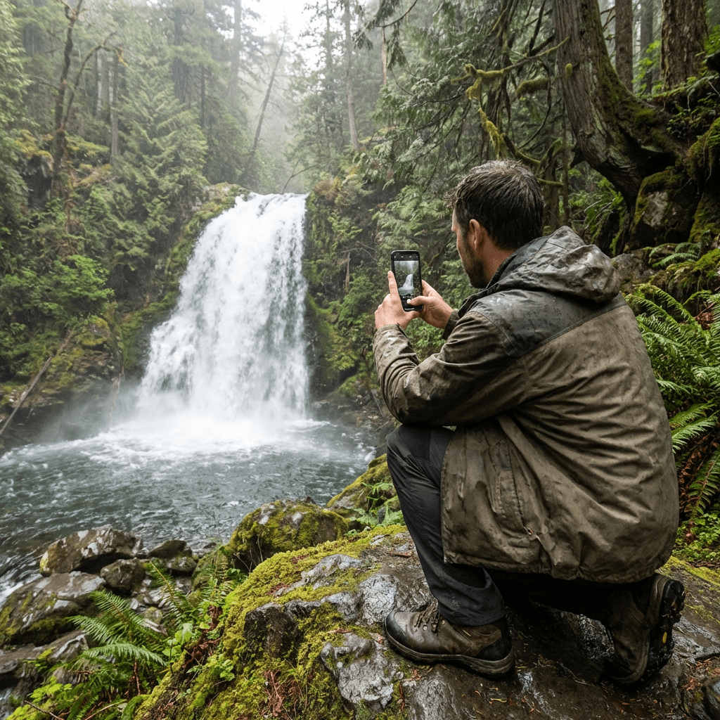 Man in outdoor jacket taking a photo of a waterfall with a smartphone