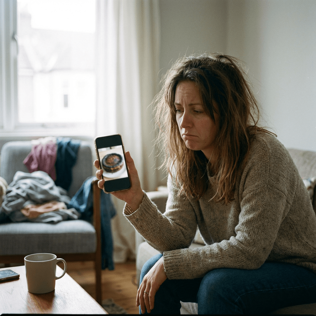 Woman holding phone showing burnt cake photo with disappointed expression