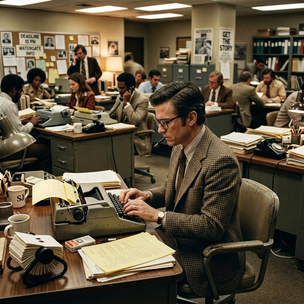 Woman typing on typewriter at desk in busy 1970s newsroom with reporters working.