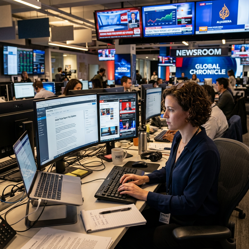 Journalist typing on keyboard at desk with multiple monitors in a newsroom