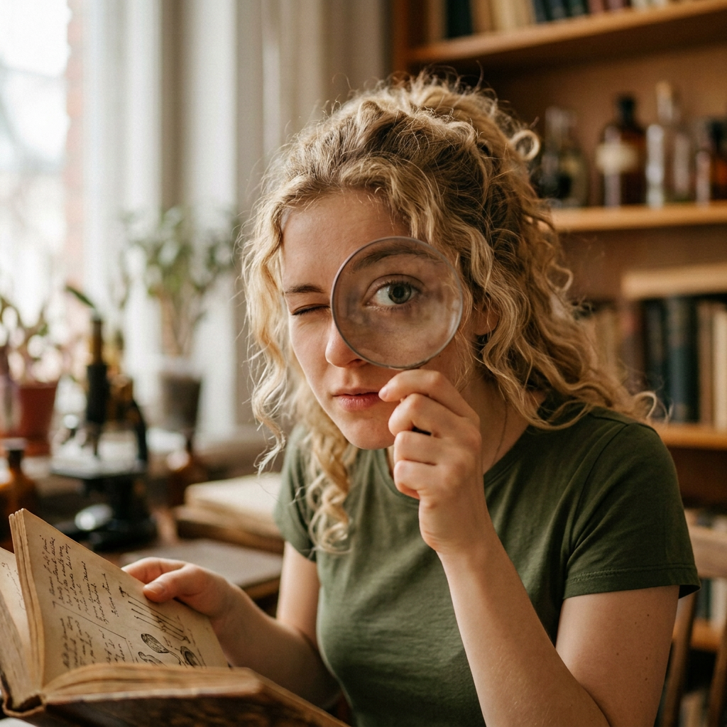 Person reading an old illustrated book through a magnifying glass