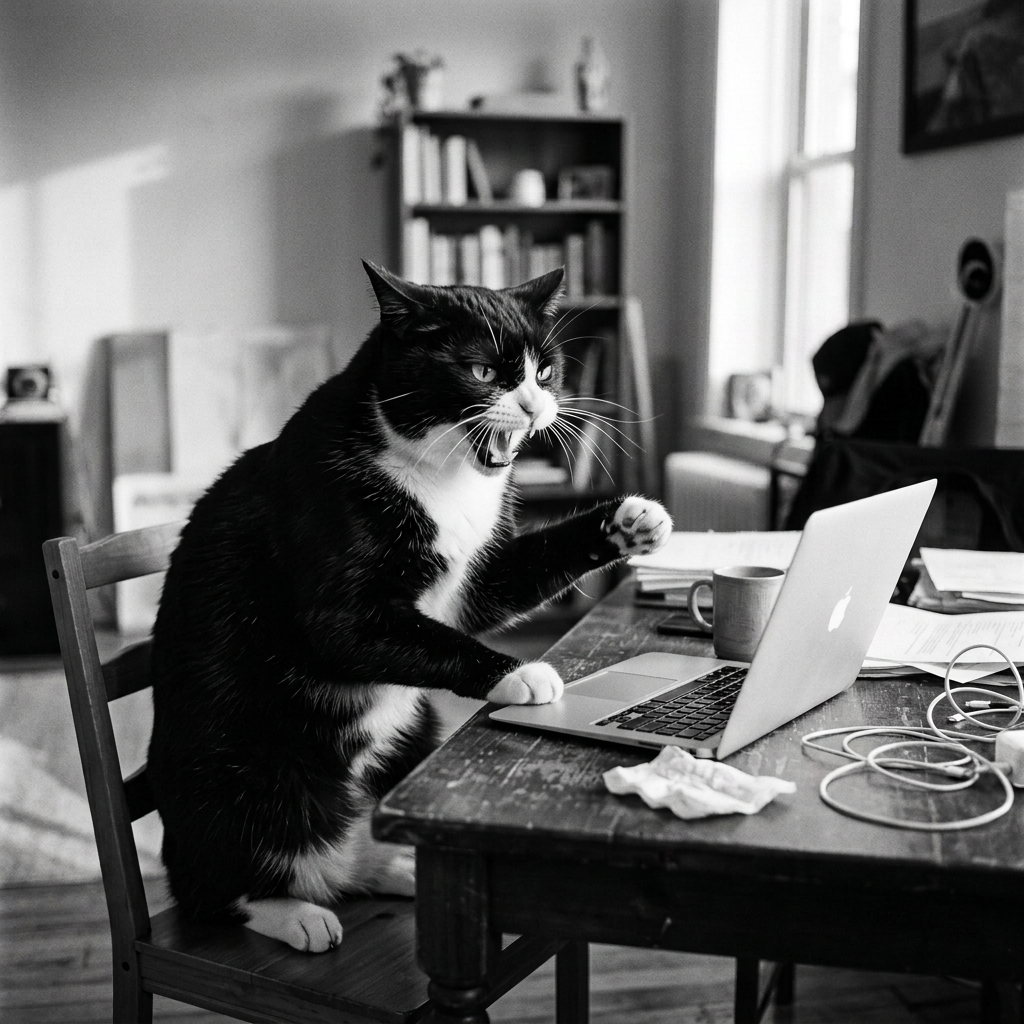 Man examining a phone beside an open laptop at a home workspace