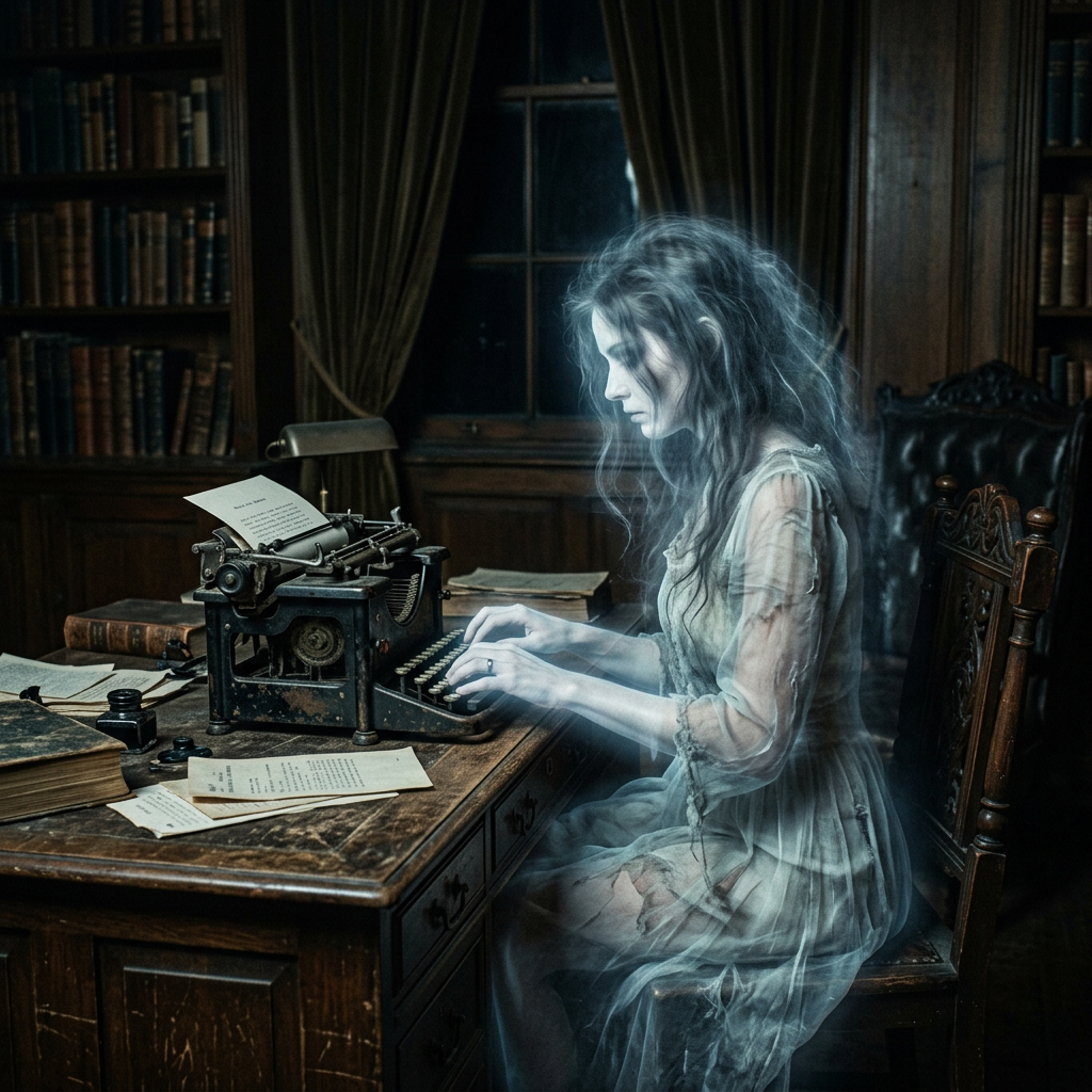 Ghostly woman at antique typewriter