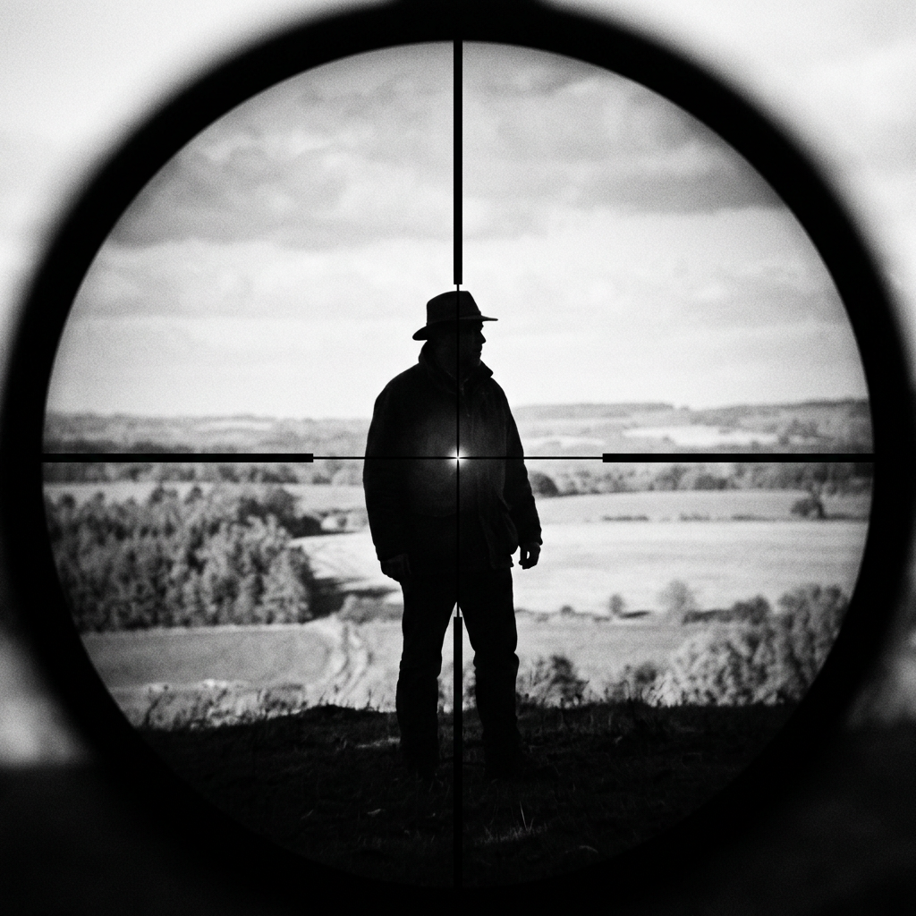 Man silhouette through gun sight crosshairs
